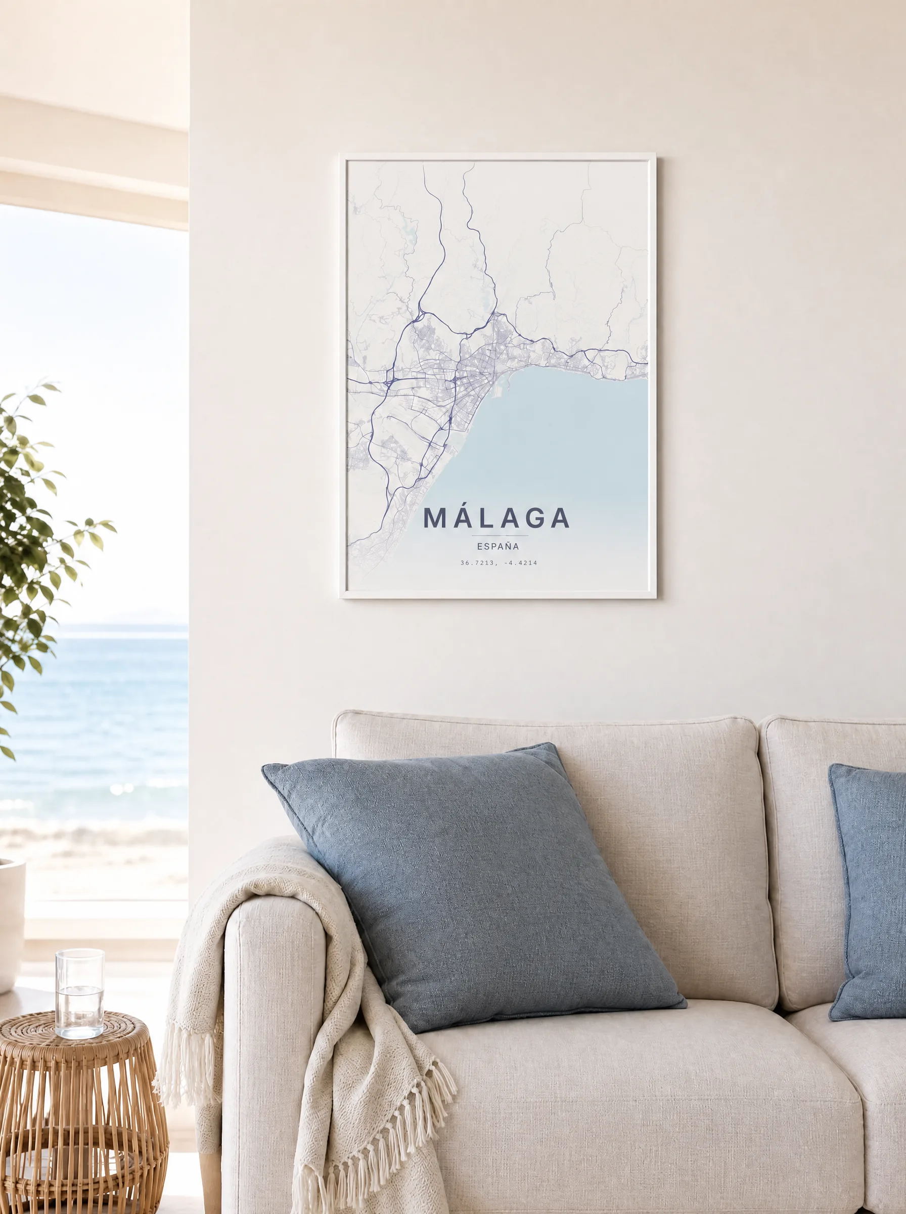 Mapa de Málaga, 50x70 cm con marco blanco, sobre un sofá junto al mar
