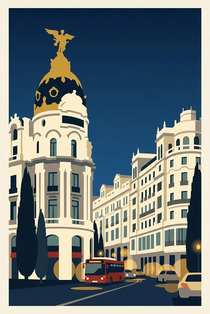 Postal ilustrada vertical de Madrid con Gran Vía y la cúpula Metrópolis al anochecer.