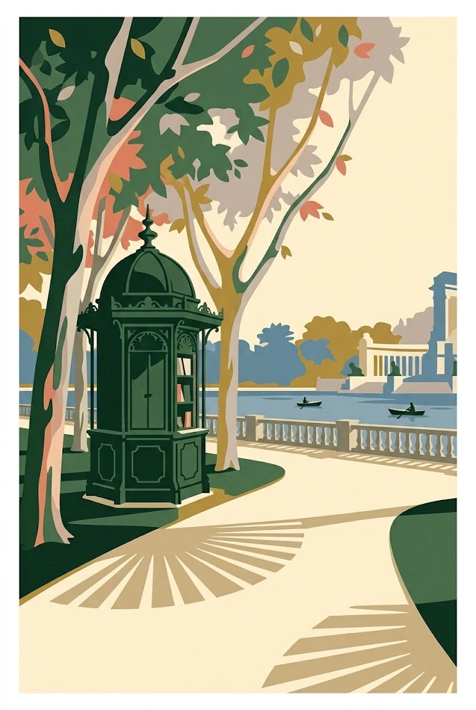 Postal ilustrada vertical del Retiro con quiosco, árboles y ambiente de domingo.