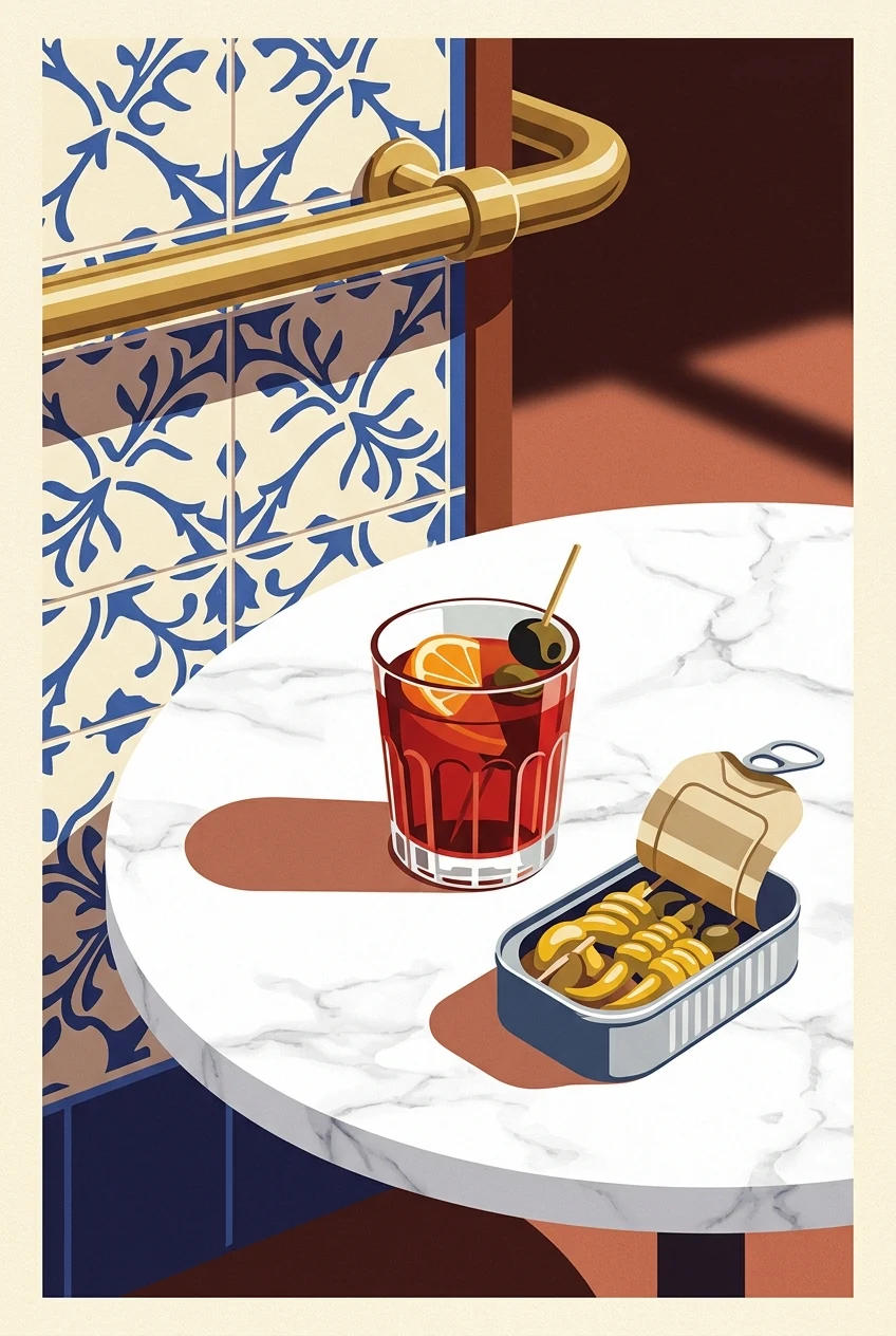 Postal ilustrada vertical de una hora de vermut madrileña con azulejos y aperitivo.