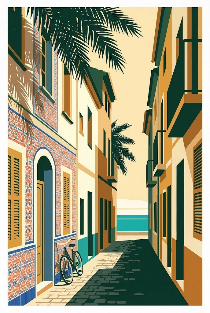 Postal ilustrada vertical del Cabanyal en Valencia con fachadas de azulejo, bicicleta y palmeras.
