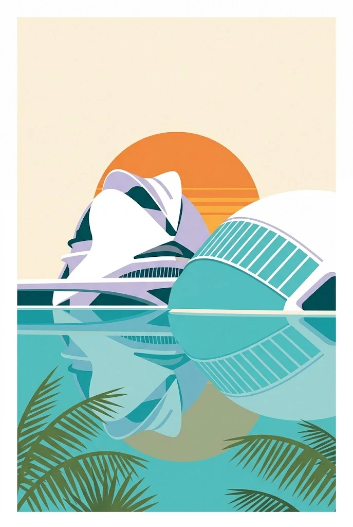 Postal ilustrada vertical de Valencia con la Ciudad de las Artes reflejada en agua turquesa.