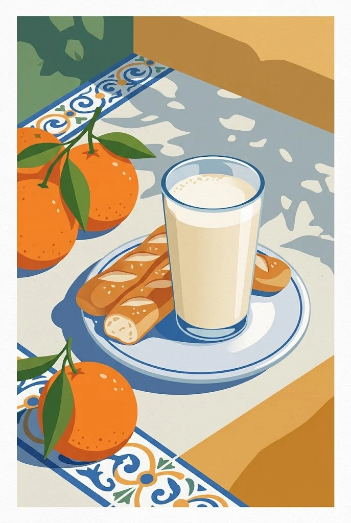 Postal ilustrada vertical de Valencia con horchata, fartons, naranjas y azulejo.
