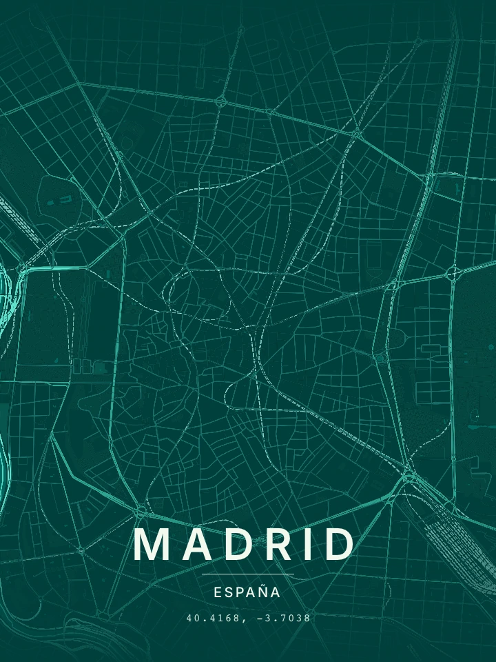 Mapa real de Madrid con el estilo Verde profundo