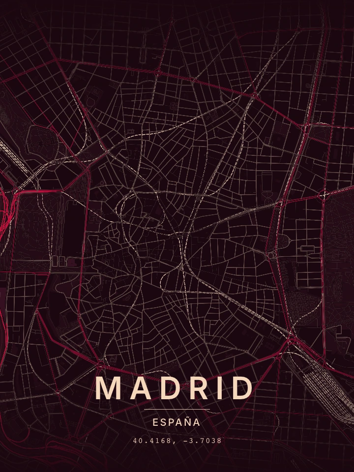 Mapa real de Madrid con el estilo Ciruela rubí