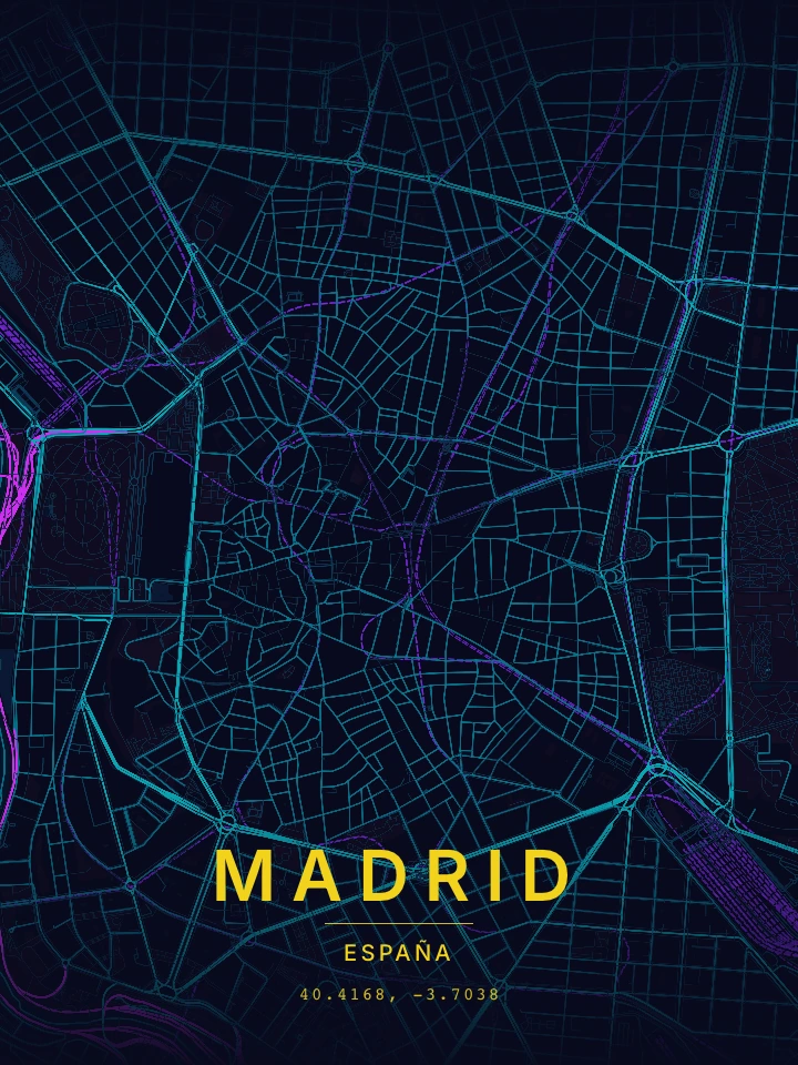 Mapa real de Madrid con el estilo Noche eléctrica