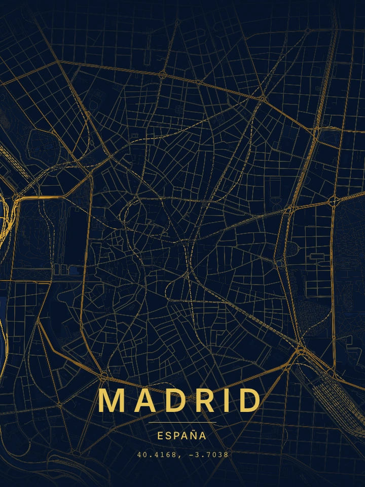 Mapa real de Madrid con el estilo Atlas dorado