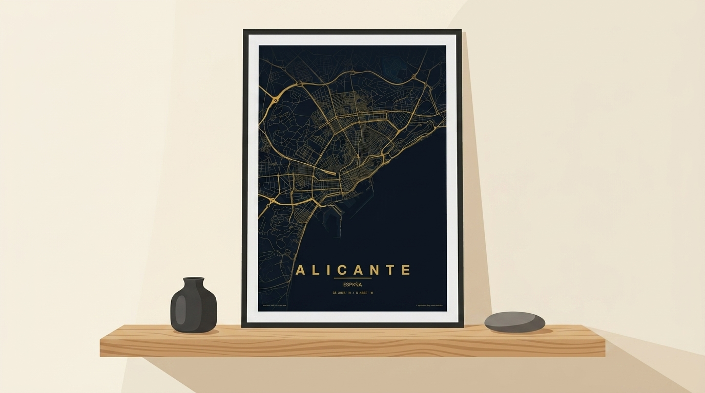 Lámina personalizada de mapa de Alicante enmarcada en una pared