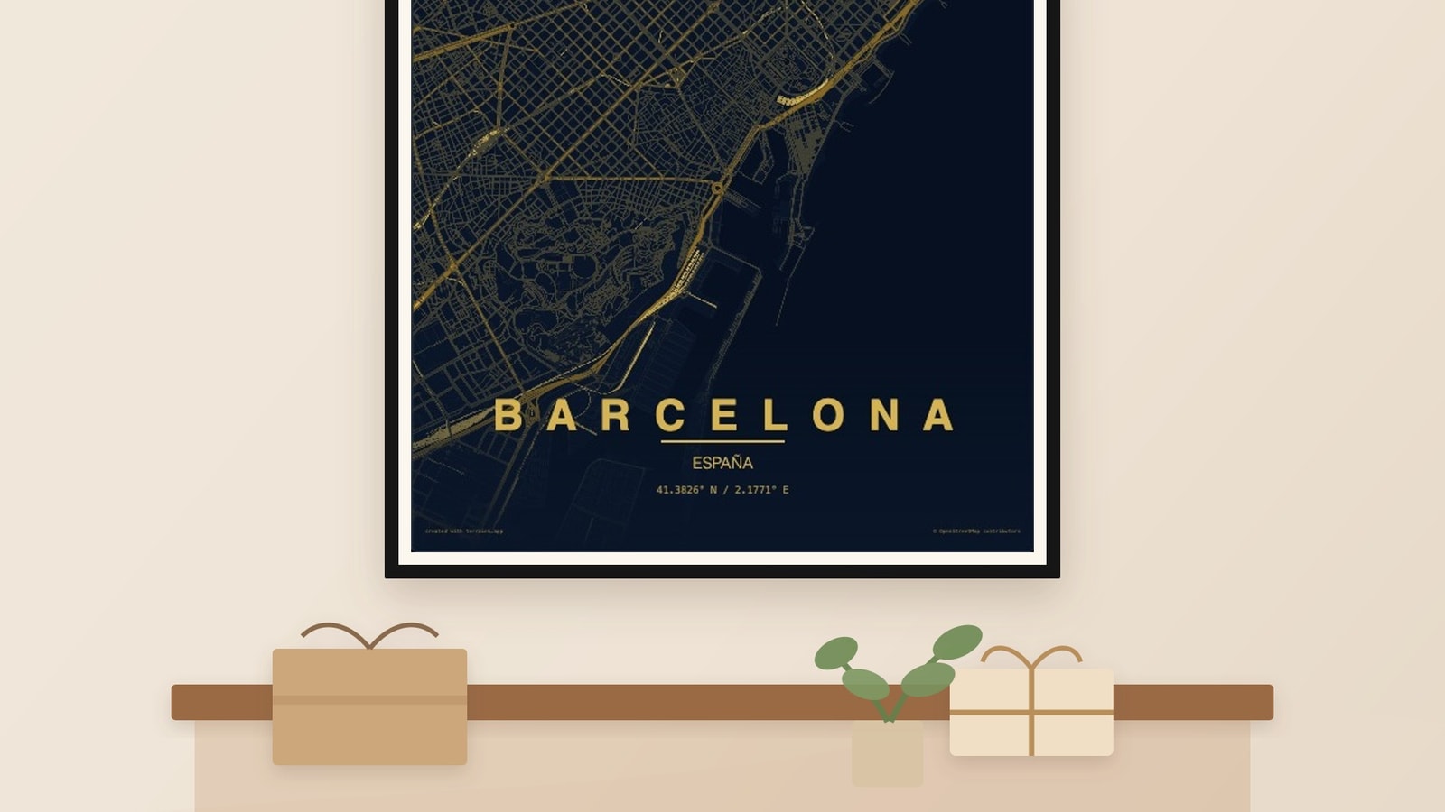 Lámina personalizada de mapa de Barcelona enmarcada en una pared de casa