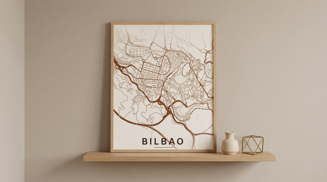 Lámina personalizada de mapa de Bilbao enmarcada en una pared