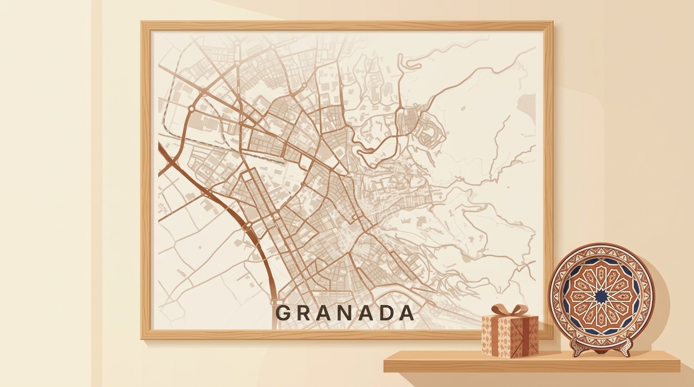 Lámina personalizada de mapa de Granada enmarcada en una pared