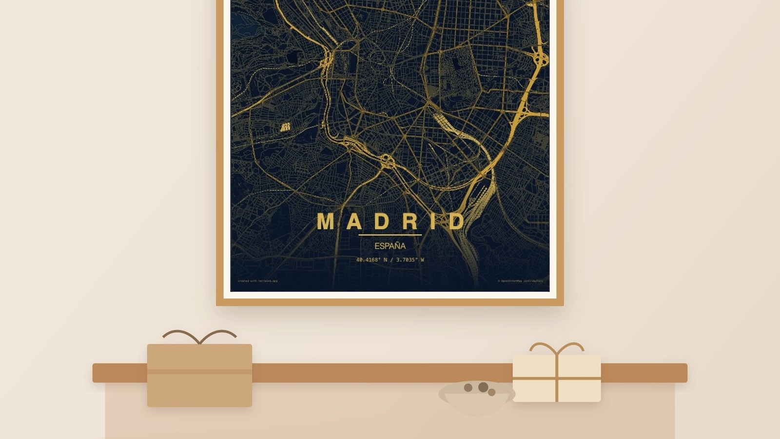 Lámina personalizada de mapa de Madrid enmarcada en una pared de salón