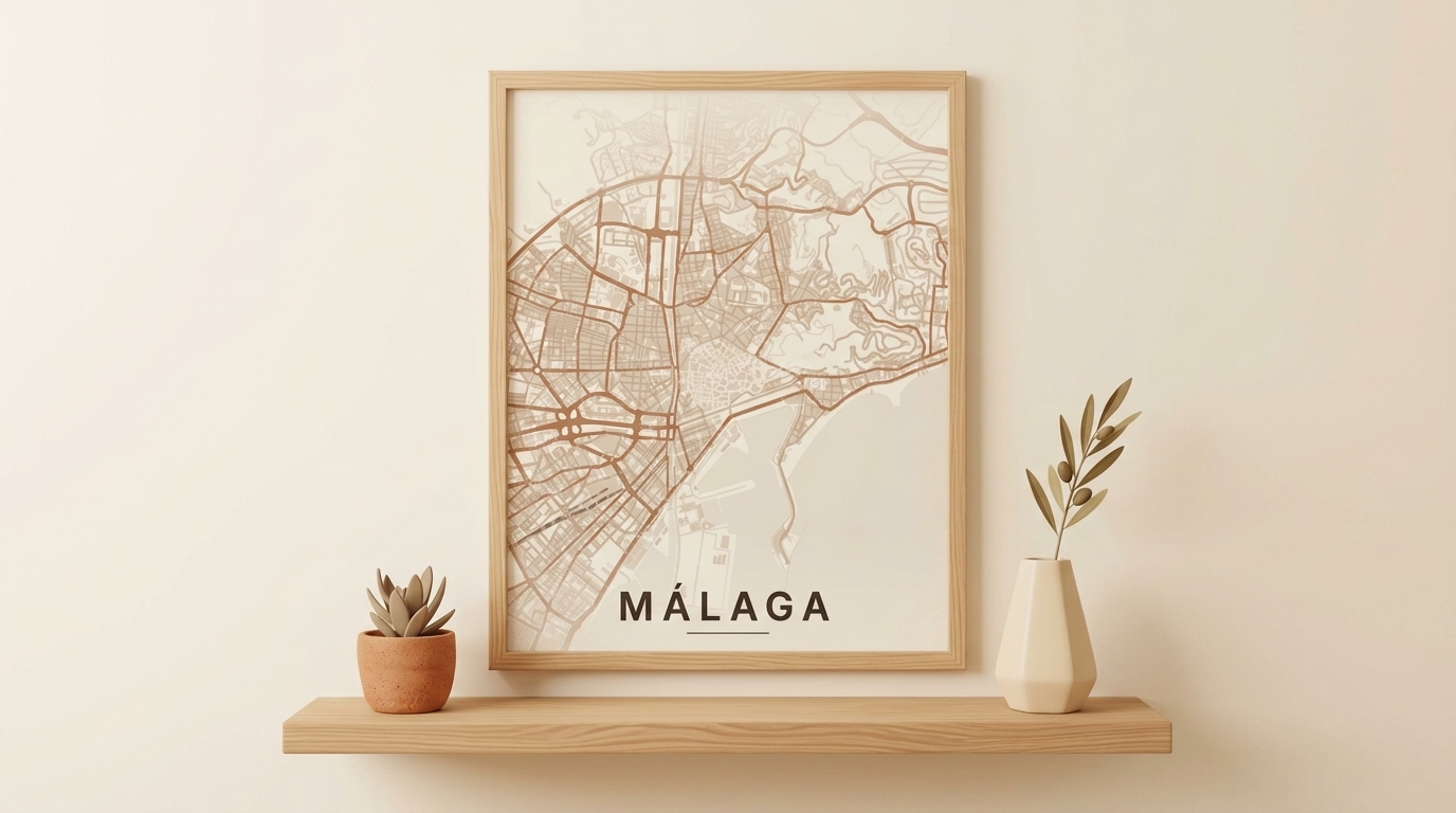 Lámina personalizada de mapa de Málaga enmarcada en una pared
