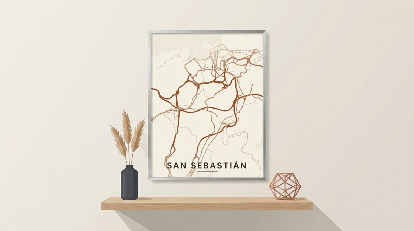 Lámina personalizada de mapa de San Sebastián enmarcada en una pared