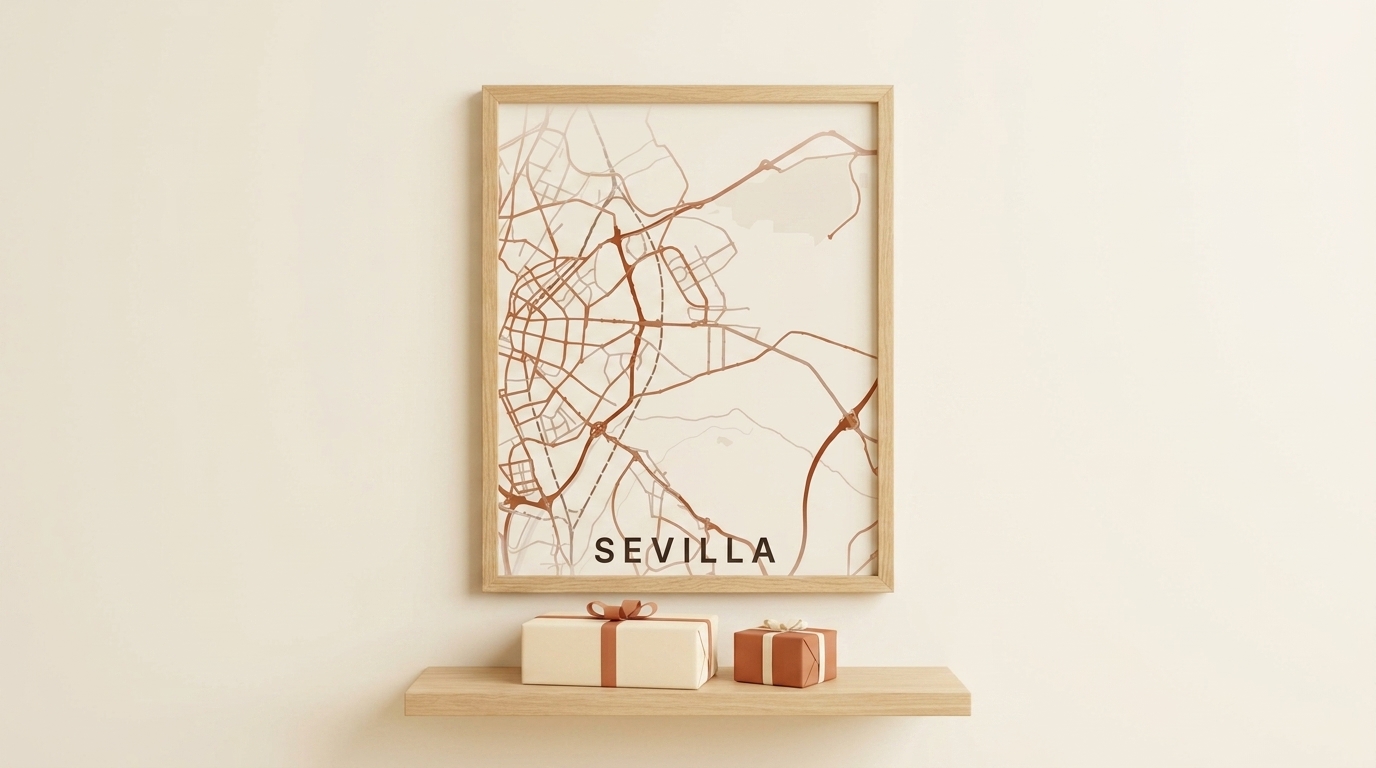 Lámina personalizada de mapa de Sevilla enmarcada en una pared