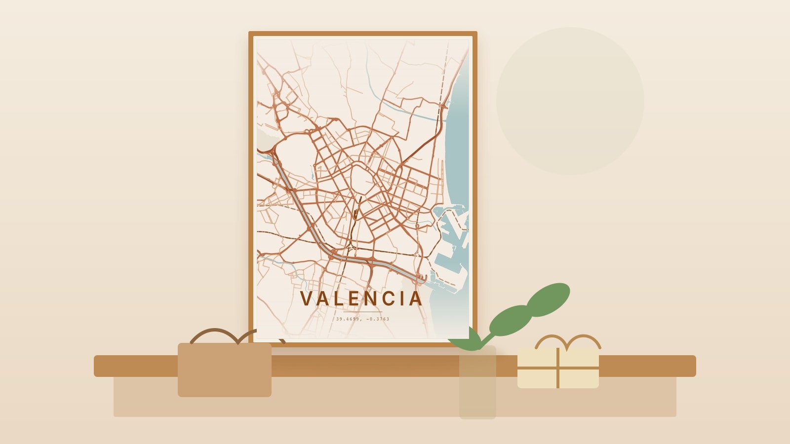 Lámina personalizada de mapa de Valencia enmarcada en una pared luminosa