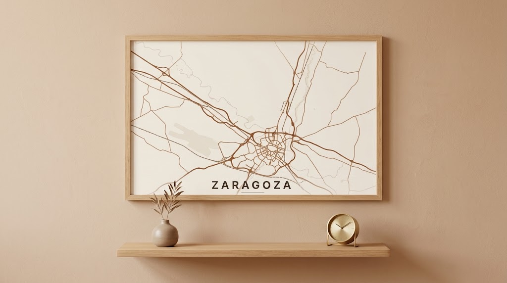 Lámina personalizada de mapa de Zaragoza enmarcada en una pared